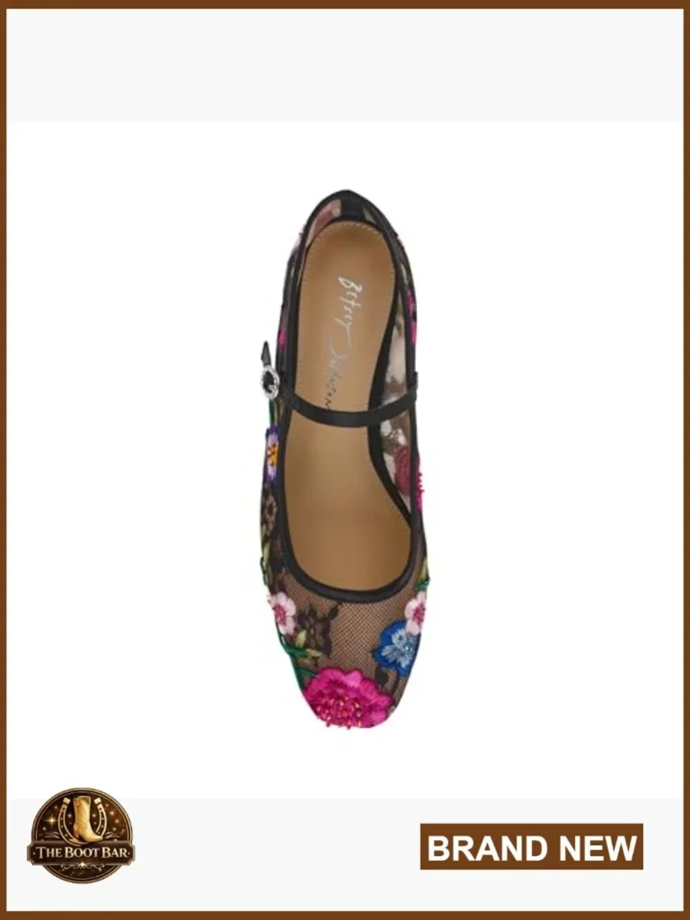 Floral Embroidered Ballet Flat with Ankle Strap and Buckle Closure